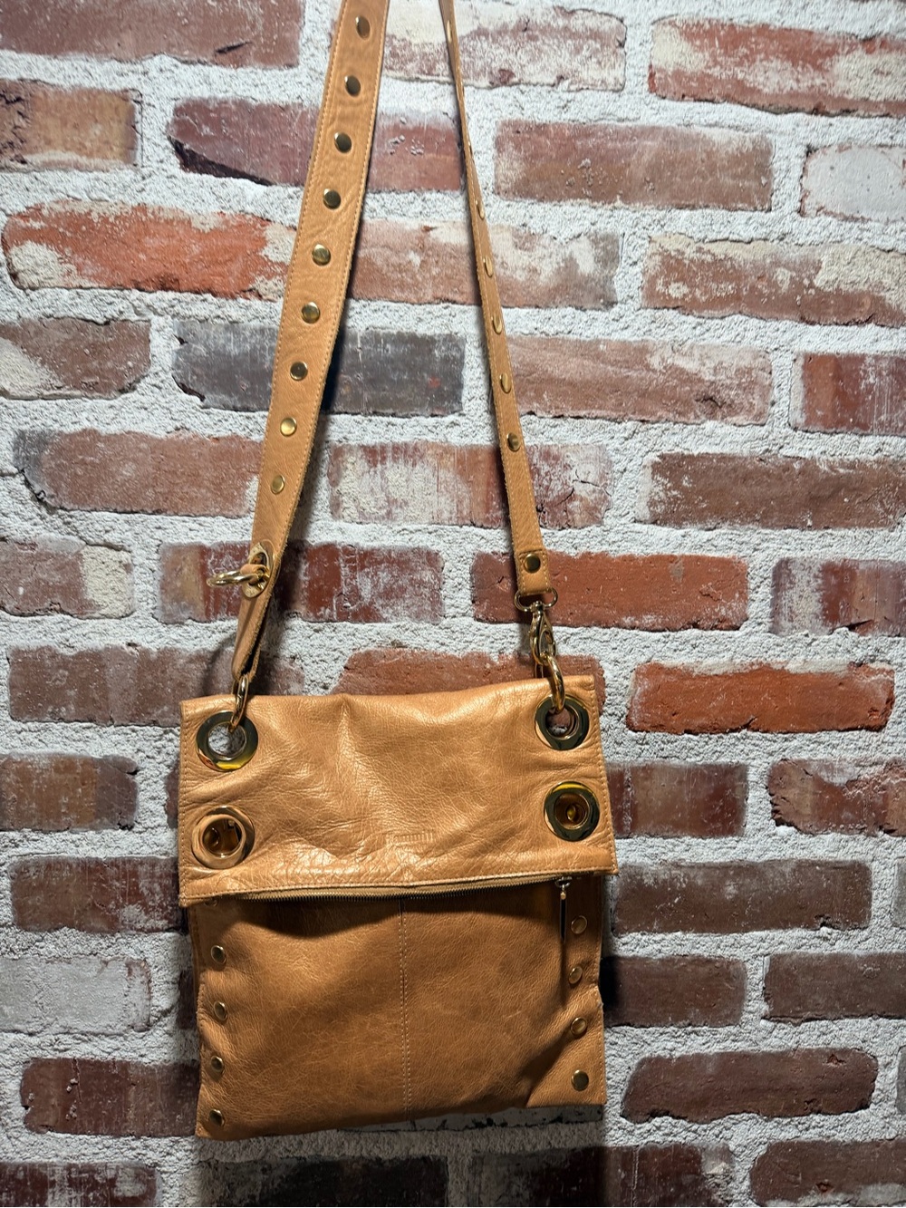 Hammitt Foldover Leather Crossbody Bag Tan Camel Gold Studded Grommet Purse